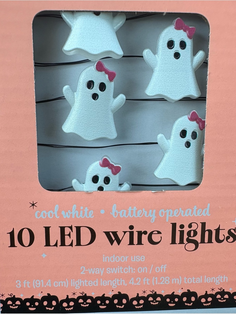 Battery-Operated Ghost LED String Lights with Pink Bows - Cool White